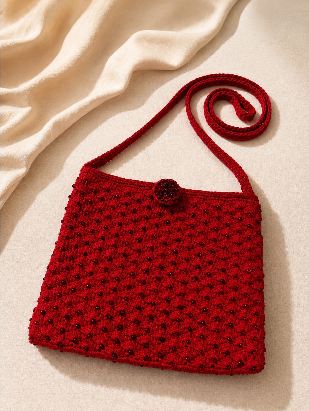 Vintage Red Beaded Crochet Shoulder Bag Purse Holiday Boho Granny Chic